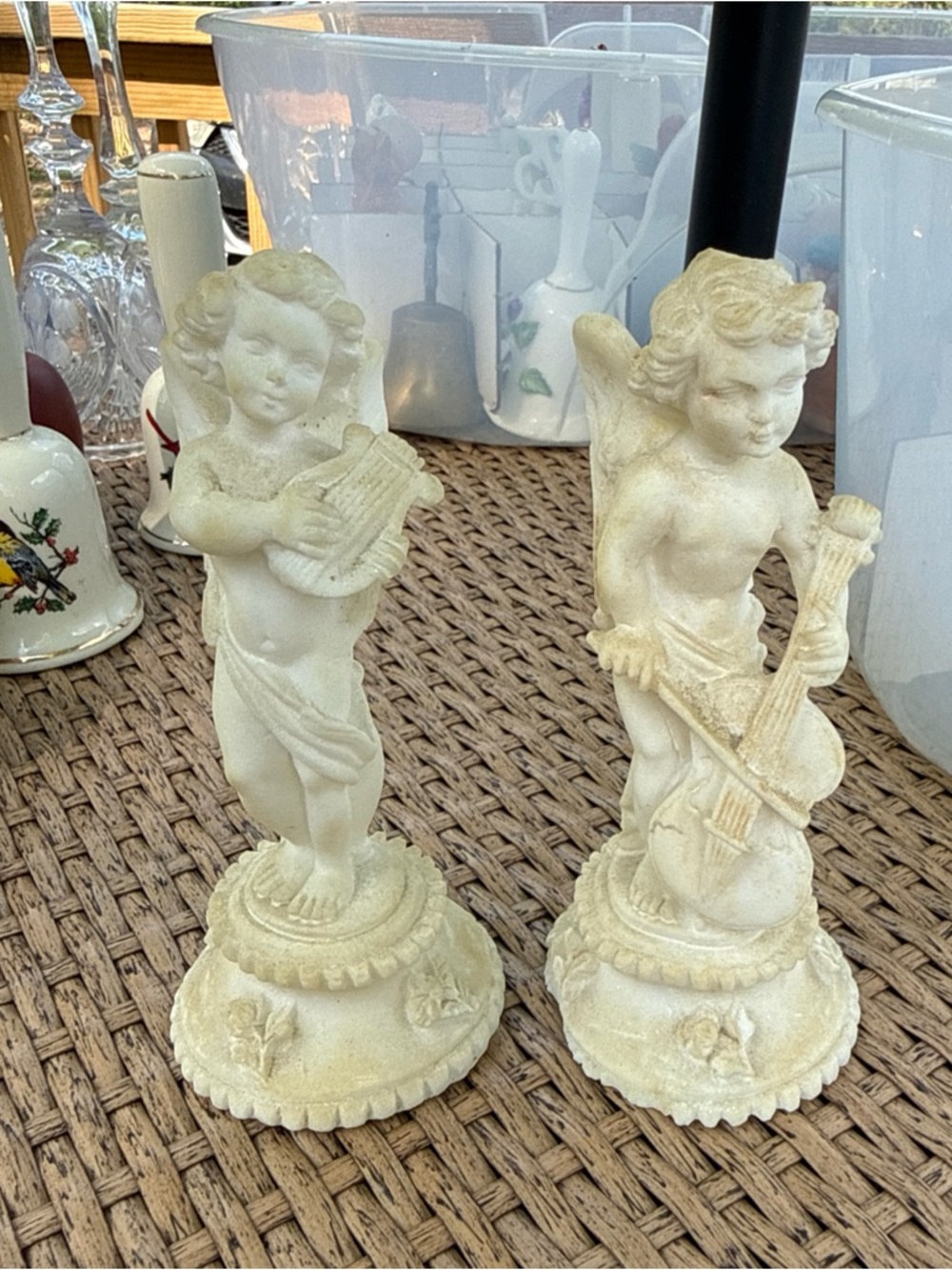 VTG 5 3/4" BISQUE "CHERUB-PUTTI ANGEL" FIGURINES PLAYING HAND-HARP & BASS-ITALY